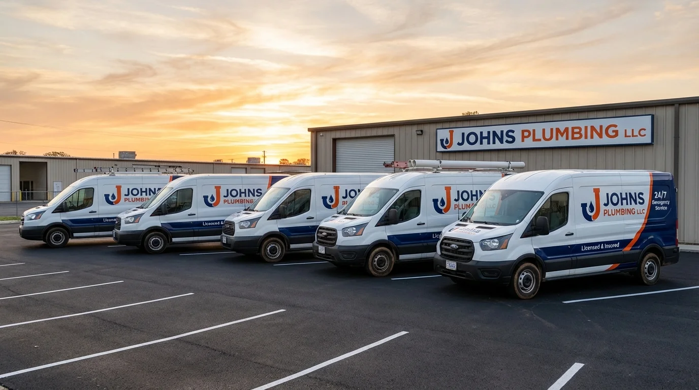 Johns Plumbing LLC fleet of service vans ready for dispatch across Puerto Rico
